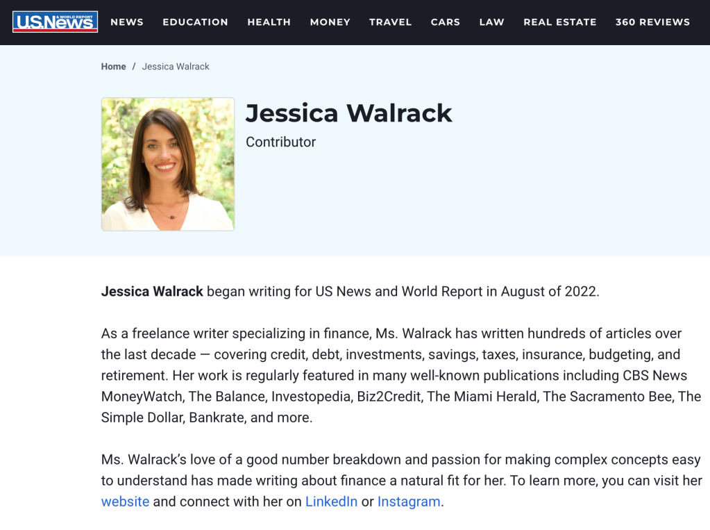 Finance content writer Jessica Walrack for US News and World